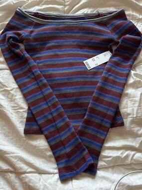 BDG Striped Off-Shoulder Ribbed Top in Burgundy, Blue & Green